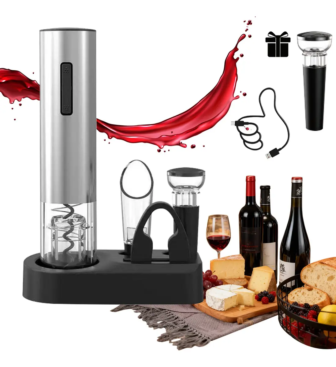 Kit Abridor de Vinho Elétrico Inox